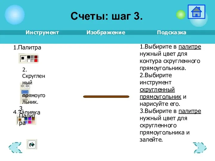 3.Палитра 2.Скругленный прямоугольник. 1.Выбирите в палитре нужный цвет для контура скругленного прямоугольника.