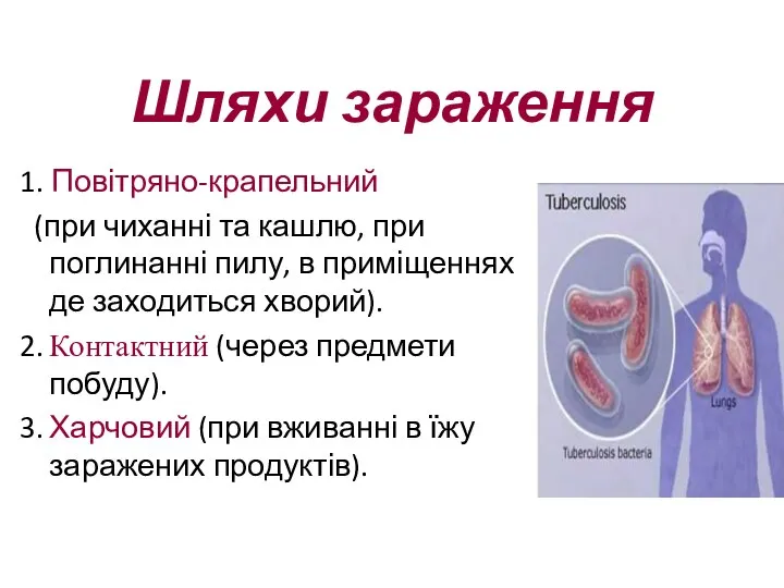 1. Повітряно-крапельний (при чиханні та кашлю, при поглинанні пилу, в приміщеннях де