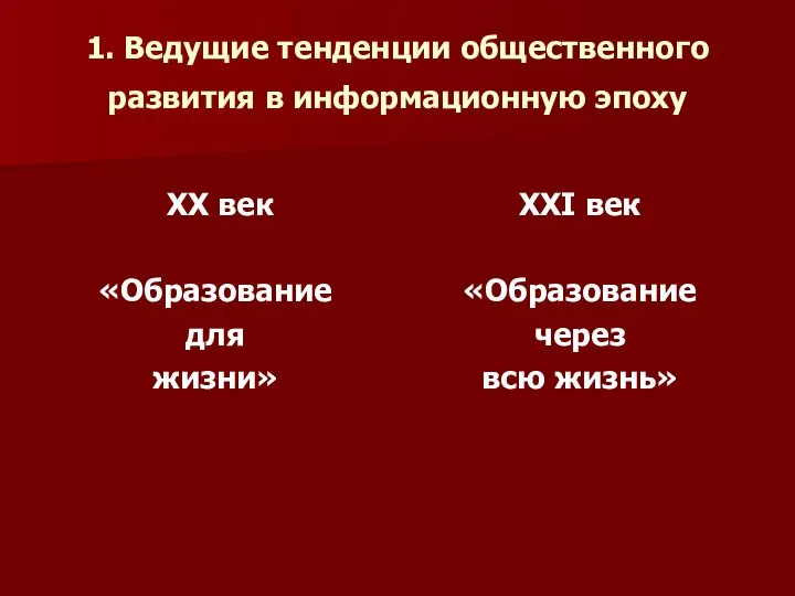 1. Ведущие тенденции общественного развития в информационную эпоху ХХ век «Образование для