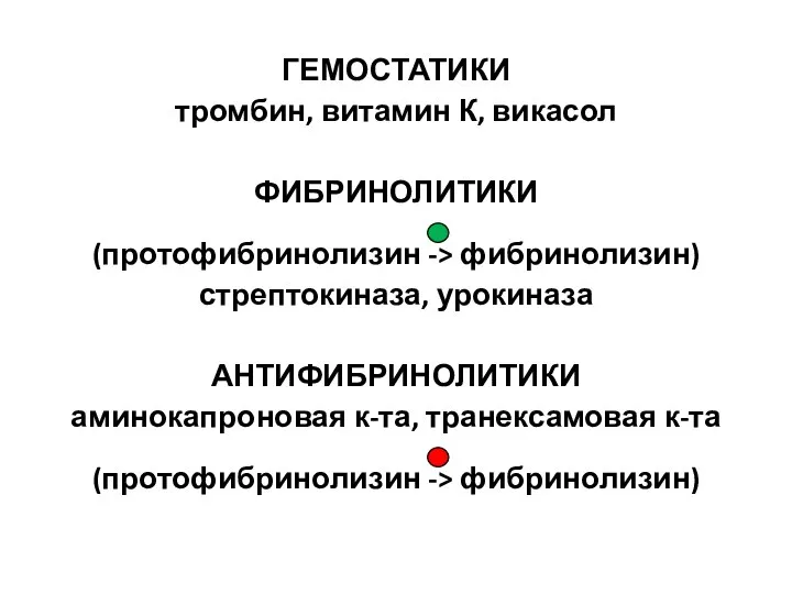 ГЕМОСТАТИКИ тромбин, витамин К, викасол ФИБРИНОЛИТИКИ (протофибринолизин -> фибринолизин) стрептокиназа, урокиназа АНТИФИБРИНОЛИТИКИ