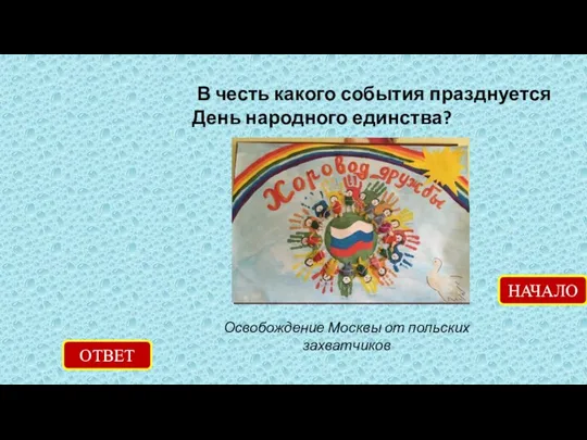 В честь какого события празднуется День народного единства? ОТВЕТ Освобождение Москвы от польских захватчиков НАЧАЛО