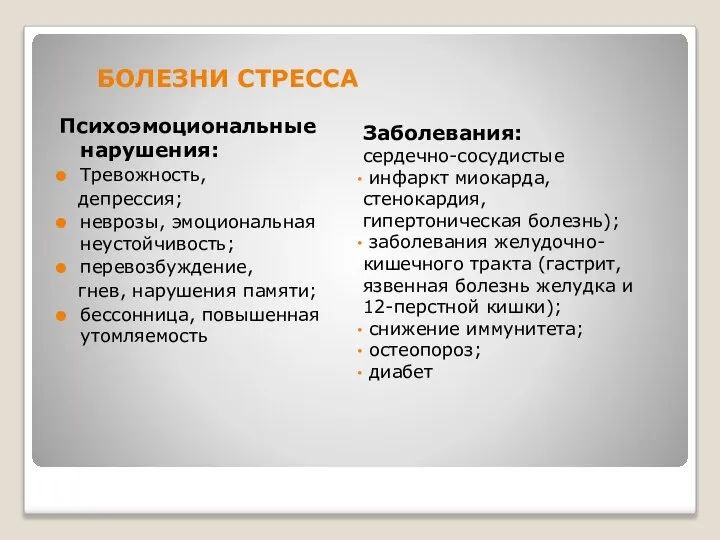 БОЛЕЗНИ СТРЕССА Заболевания: сердечно-сосудистые инфаркт миокарда, стенокардия, гипертоническая болезнь); заболевания желудочно- кишечного