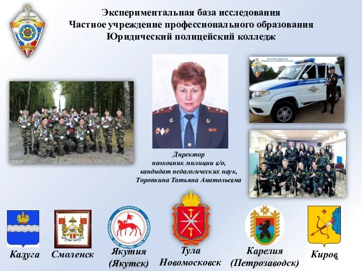 Экспериментальная база исследования Частное учреждение профессионального образования Юридический полицейский колледж Тула Новомосковск