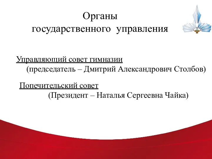 Органы государственного управления Управляющий совет гимназии (председатель – Дмитрий Александрович Столбов) Попечительский