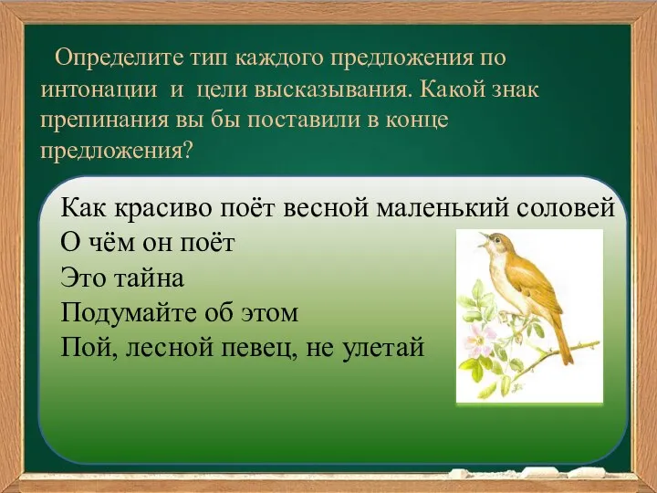 Определите тип каждого предложения по интонации и цели высказывания. Какой знак препинания