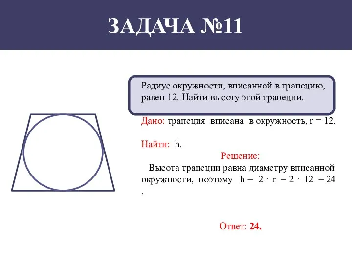 ЗАДАЧА №11 Радиус окружности, вписанной в трапецию, равен 12. Найти высоту этой