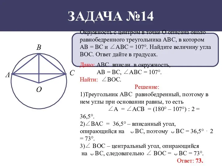 ЗАДАЧА №14 Окружность с центром в точке О описана около равнобедренного треугольника