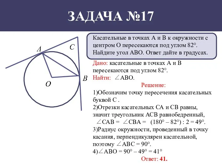 ЗАДАЧА №17 Касательные в точках А и В к окружности с центром