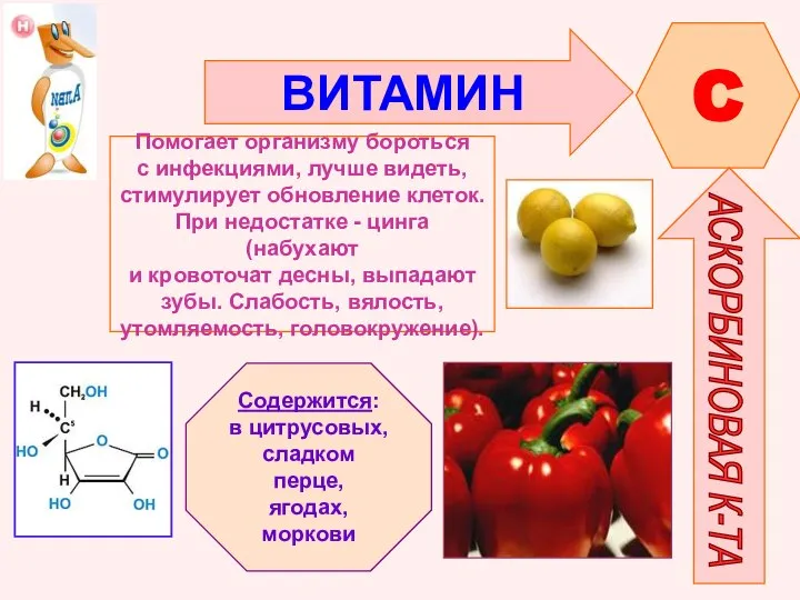 ВИТАМИН C АСКОРБИНОВАЯ К-ТА Помогает организму бороться с инфекциями, лучше видеть, стимулирует