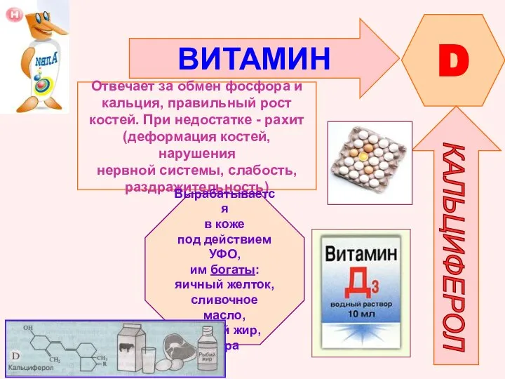 ВИТАМИН D КАЛЬЦИФЕРОЛ Отвечает за обмен фосфора и кальция, правильный рост костей.