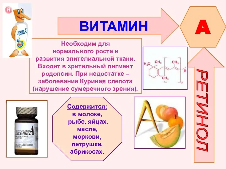 ВИТАМИН A РЕТИНОЛ Необходим для нормального роста и развития эпителиальной ткани. Входит