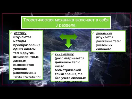 Теоретическая механика включает в себя 3 раздела: статику (изучаются методы преобразования одних