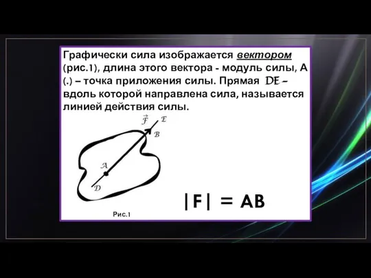 Графически сила изображается вектором (рис.1), длина этого вектора - модуль силы, А(.)