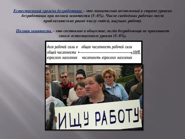 Естественный уровень безработицы – это минимально возможный в стране уровень безработицы при