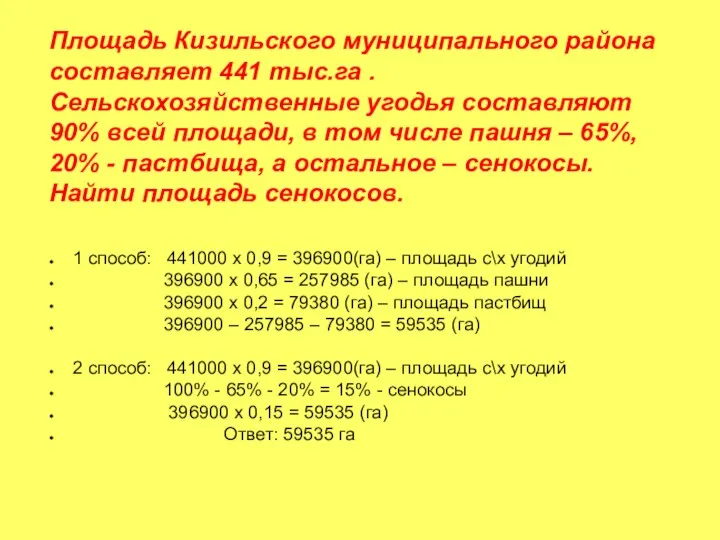 Площадь Кизильского муниципального района составляет 441 тыс.га . Сельскохозяйственные угодья составляют 90%