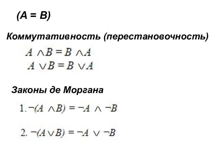 (А = В) Коммутативность (перестановочность) Законы де Моргана