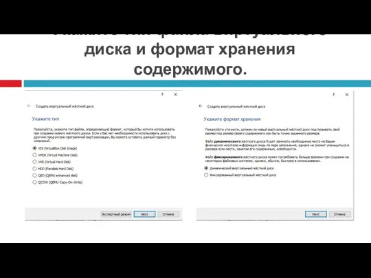 Укажите тип файла виртуального диска и формат хранения содержимого.