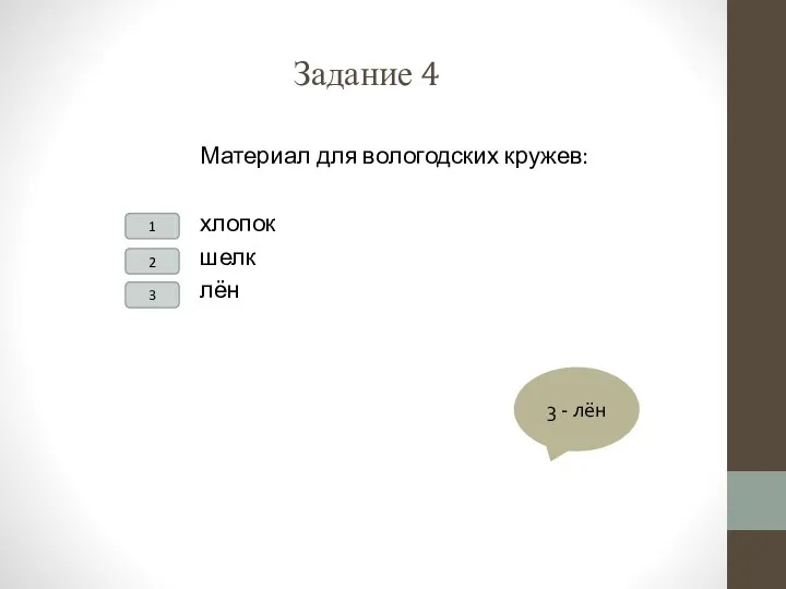 Задание 4 Материал для вологодских кружев: хлопок шелк лён 3 - лён 1 2 3