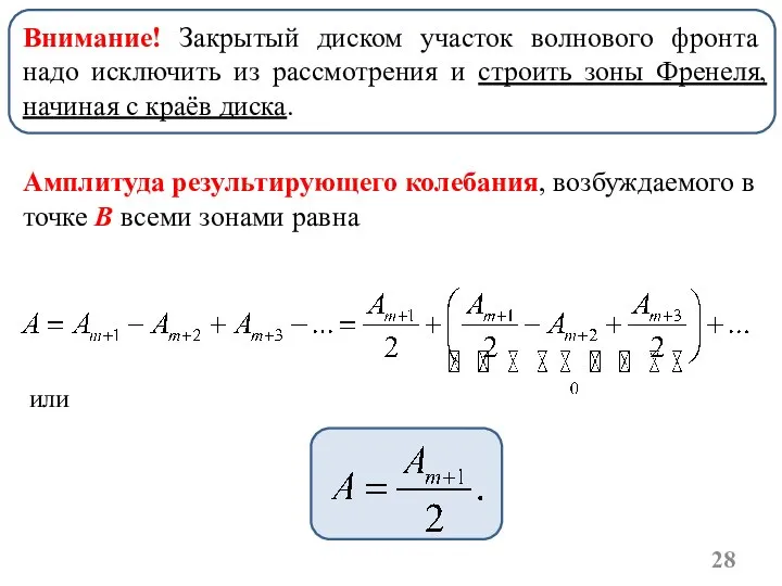 Внимание! Закрытый диском участок волнового фронта надо исключить из рассмотрения и строить