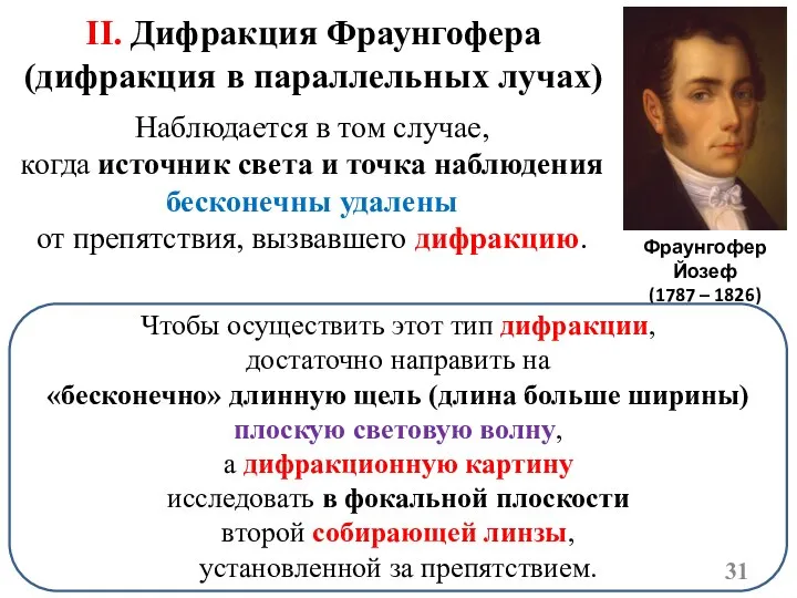 Наблюдается в том случае, когда источник света и точка наблюдения бесконечны удалены