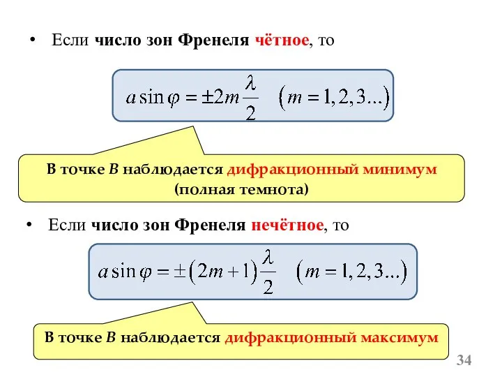 Если число зон Френеля чётное, то В точке B наблюдается дифракционный минимум