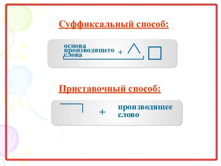 Суффиксальный способ: + основа производящего слова Приставочный способ: + производящее слово