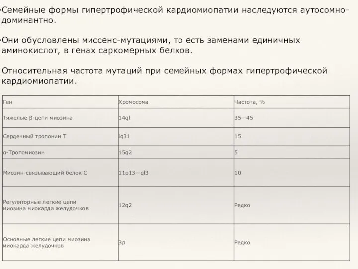 Семейные формы гипертрофической кардиомиопатии наследуются аутосомно-доминантно. Они обусловлены миссенс-мутациями, то есть заменами