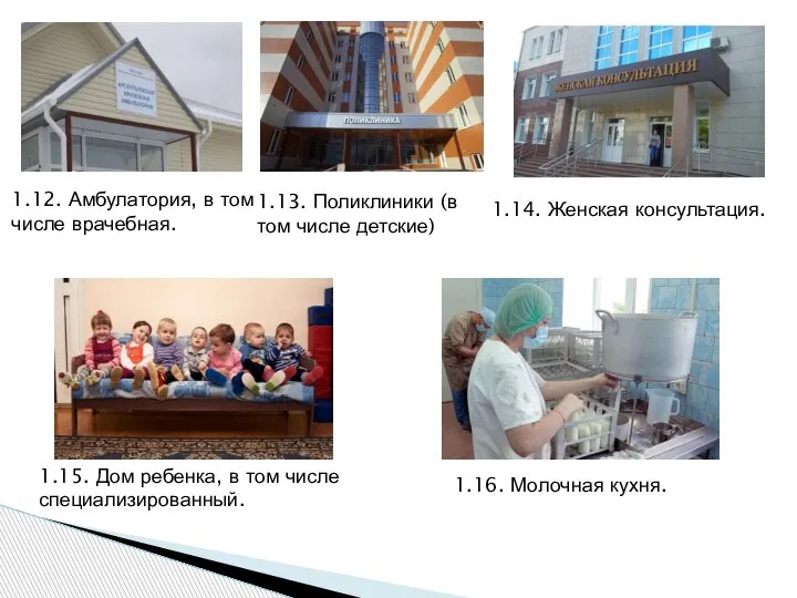 1.16. Молочная кухня. 1.12. Амбулатория, в том числе врачебная. 1.13. Поликлиники (в