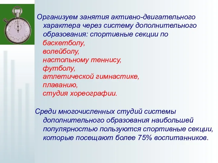 Организуем занятия активно-двигательного характера через систему дополнительного образования: спортивные секции по баскетболу,