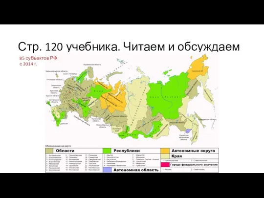 Стр. 120 учебника. Читаем и обсуждаем 85 субъектов РФ с 2014 г.