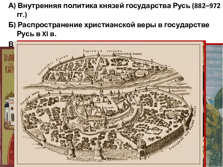 А) Внутренняя политика князей государства Русь (882–972 гг.) Б) Распространение христианской веры