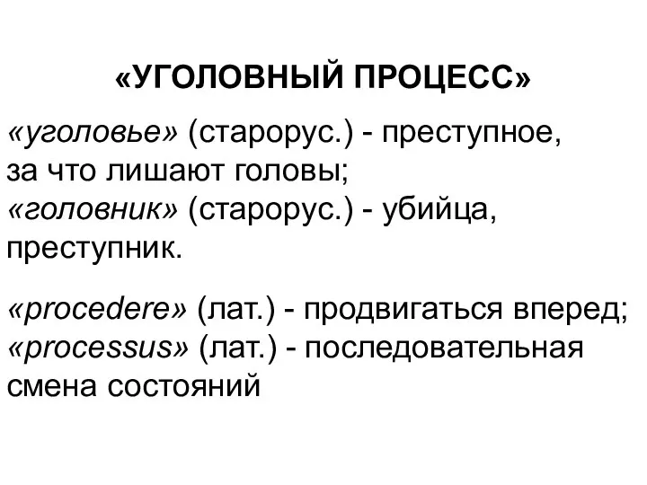 «УГОЛОВНЫЙ ПРОЦЕСС» «уголовье» (старорус.) - преступное, за что лишают головы; «головник» (старорус.)