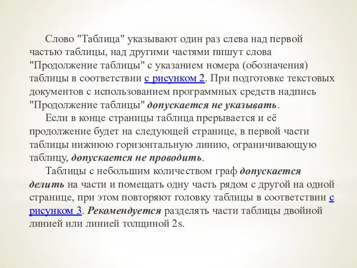 Слово "Таблица" указывают один раз слева над первой частью таблицы, над другими