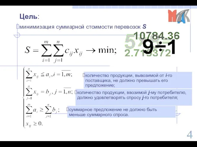 Цель: минимизация суммарной стоимости перевозок S количество продукции, вывозимой от i-го поставщика,