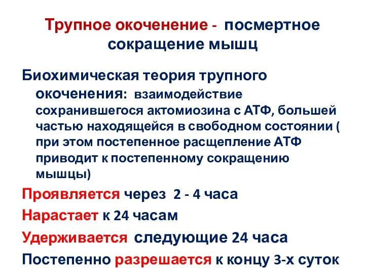 Трупное окоченение - посмертное сокращение мышц Биохимическая теория трупного окоченения: взаимодействие сохранившегося