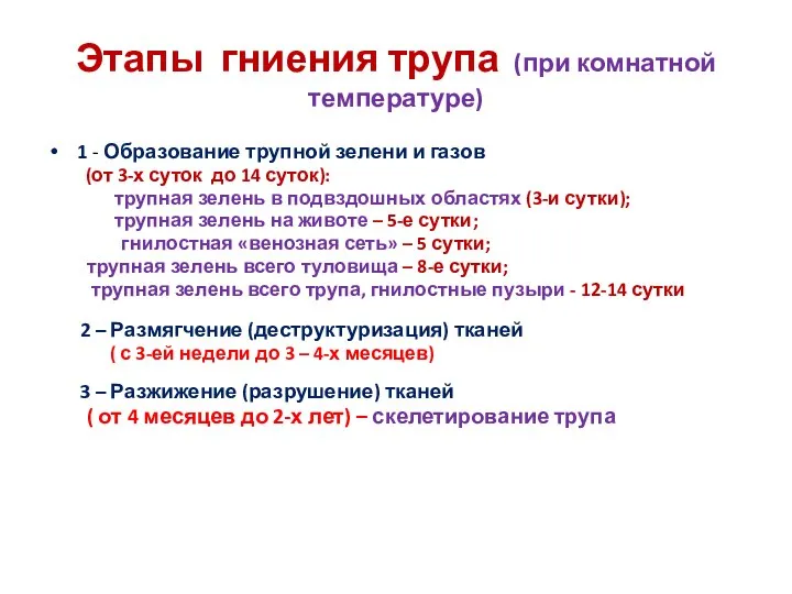 Этапы гниения трупа (при комнатной температуре) 1 - Образование трупной зелени и