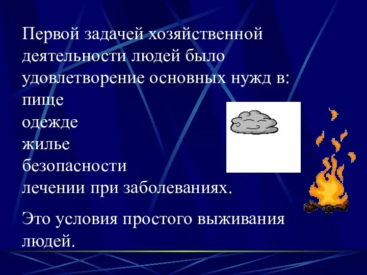 Первой задачей хозяйственной деятельности людей было удовлетворение основных нужд в: пище одежде