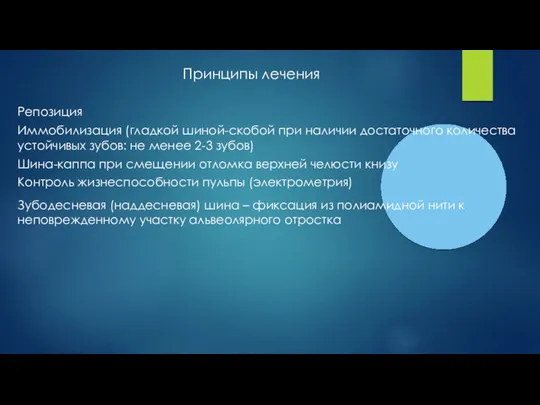 Принципы лечения Репозиция Иммобилизация (гладкой шиной-скобой при наличии достаточного количества устойчивых зубов: