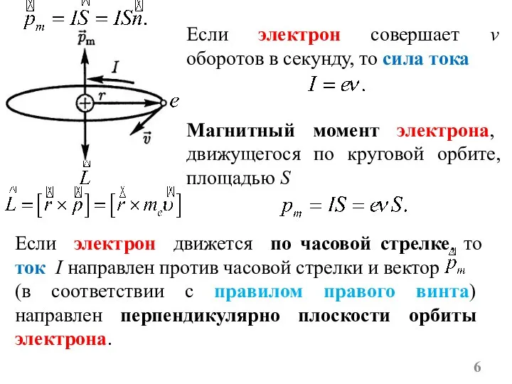 Если электрон совершает ν оборотов в секунду, то сила тока Магнитный момент