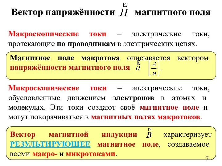 Вектор напряжённости магнитного поля Макроскопические токи – электрические токи, протекающие по проводникам