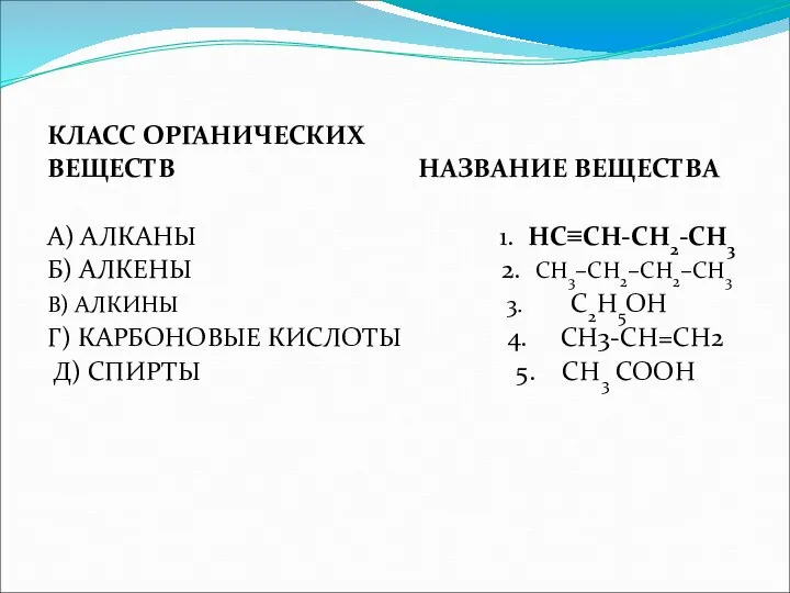 КЛАСС ОРГАНИЧЕСКИХ ВЕЩЕСТВ НАЗВАНИЕ ВЕЩЕСТВА А) АЛКАНЫ 1. НС≡СН-СН2-СН3 Б) АЛКЕНЫ 2.