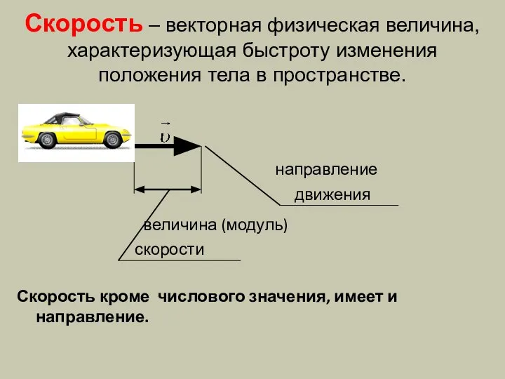 Скорость – векторная физическая величина, характеризующая быстроту изменения положения тела в пространстве.