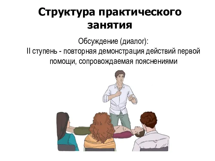 Структура практического занятия Обсуждение (диалог): II ступень - повторная демонстрация действий первой помощи, сопровождаемая пояснениями