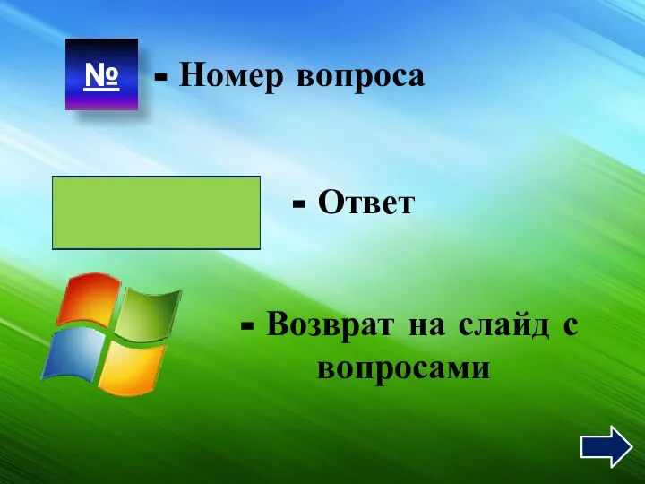 № - Ответ - Возврат на слайд с вопросами - Номер вопроса