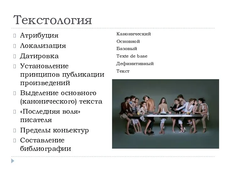 Текстология Атрибуция Локализация Датировка Установление принципов публикации произведений Выделение основного (канонического) текста