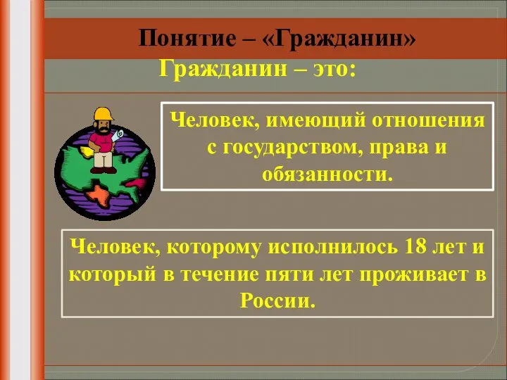 Понятие – «Гражданин» Гражданин – это: Человек, имеющий отношения с государством, права