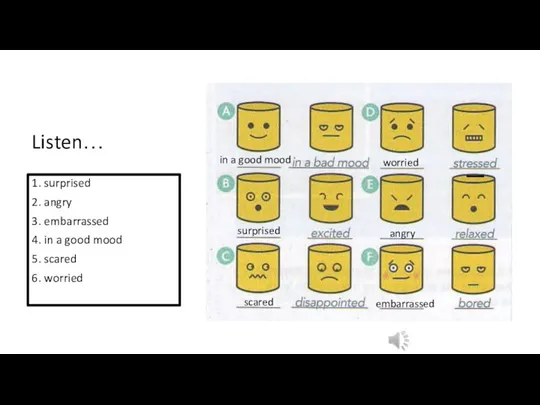 Listen… 1. surprised 2. angry 3. embarrassed 4. in a good mood