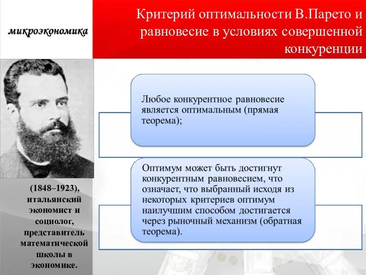 Критерий оптимальности В.Парето и равновесие в условиях совершенной конкуренции (1848–1923), итальянский экономист