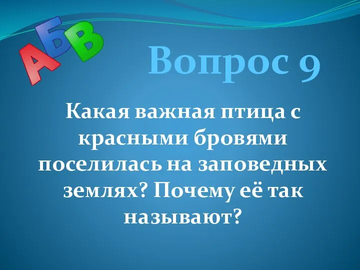 Вопрос 9 Какая важная птица с красными бровями поселилась на заповедных землях? Почему её так называют?