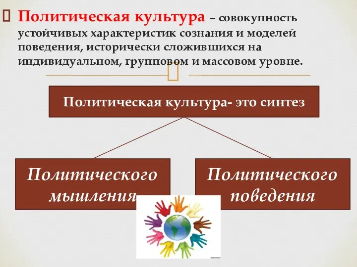 Политическая культура – совокупность устойчивых характеристик сознания и моделей поведения, исторически сложившихся